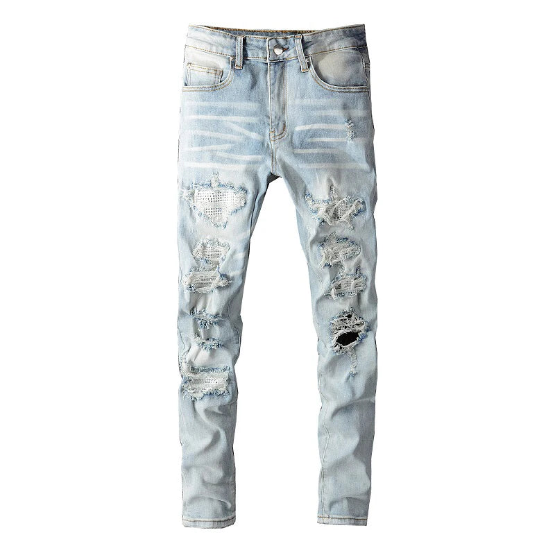 Calça Crystal Edge Distressed Denim