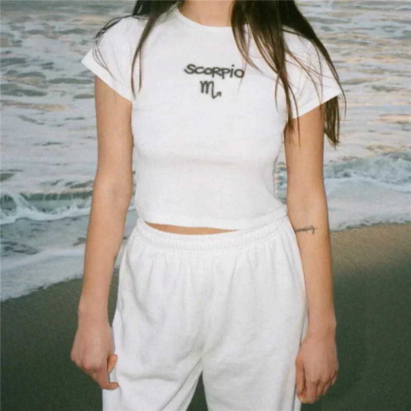 Y2K Zodiac Ribbed Crop Tee