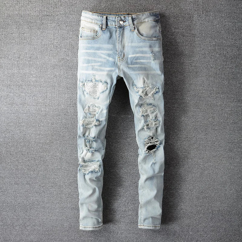 Calça Crystal Edge Distressed Denim