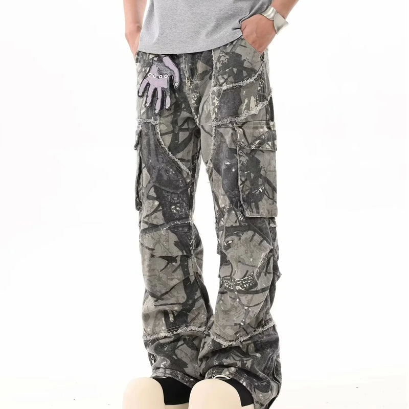 Calça Camuflada Distressed Wide Fit