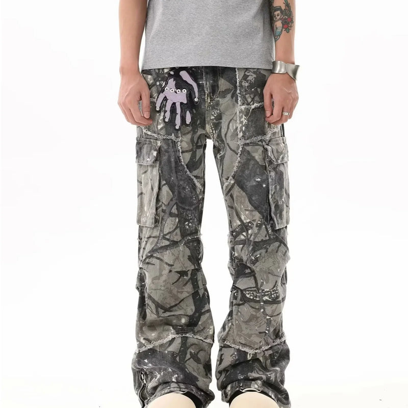 Calça Camuflada Distressed Wide Fit